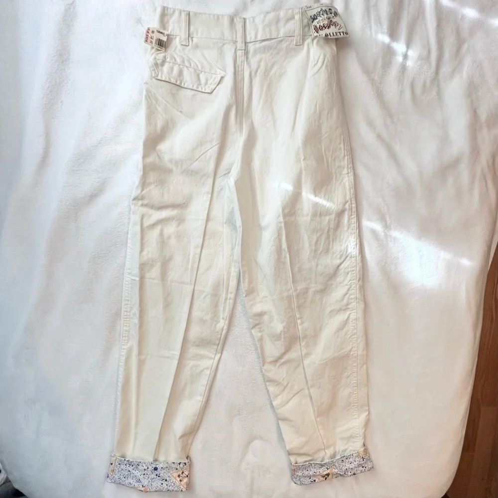 Vintage Rigolletto White Cotton Print Cuffed Pants Kids 12 Short Loose Fit NWT